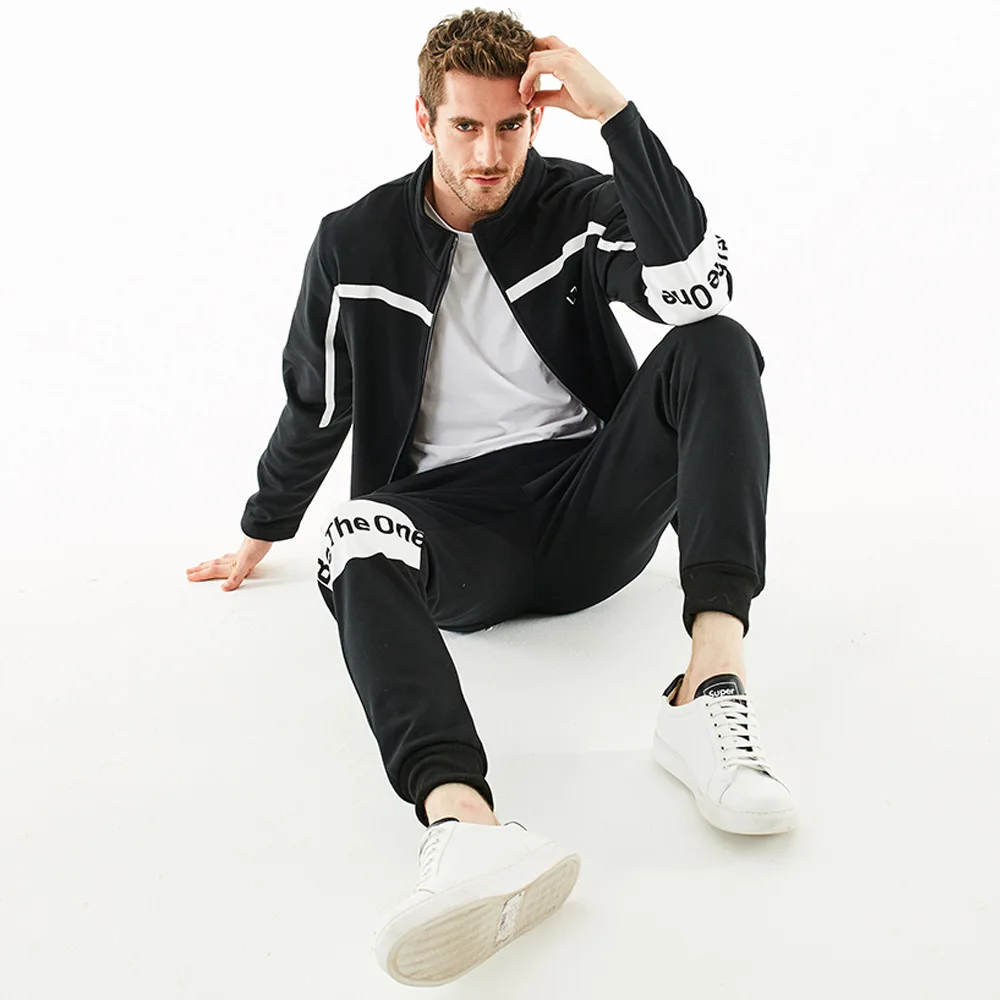 

MEN'S Long Sleeve Sports Set Lines Contrast Color English Printed Zip-up Jacket Waist Beam Leg Trousers Two-Piece Set