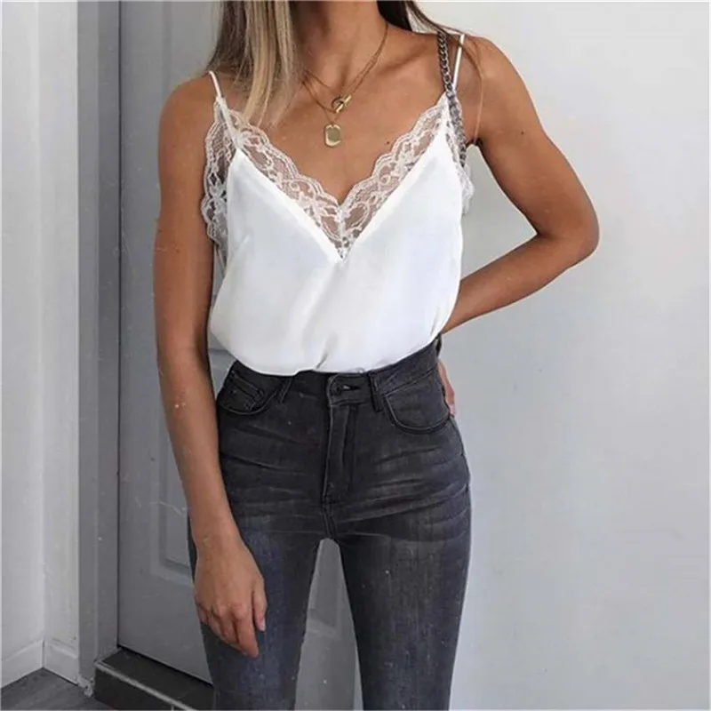 

2021 Spring Summer Sexy Lace Camis Women Tops Fashion Solid White Black Patchwork V Neck Sleeveless Casual Female Camisole Blusa