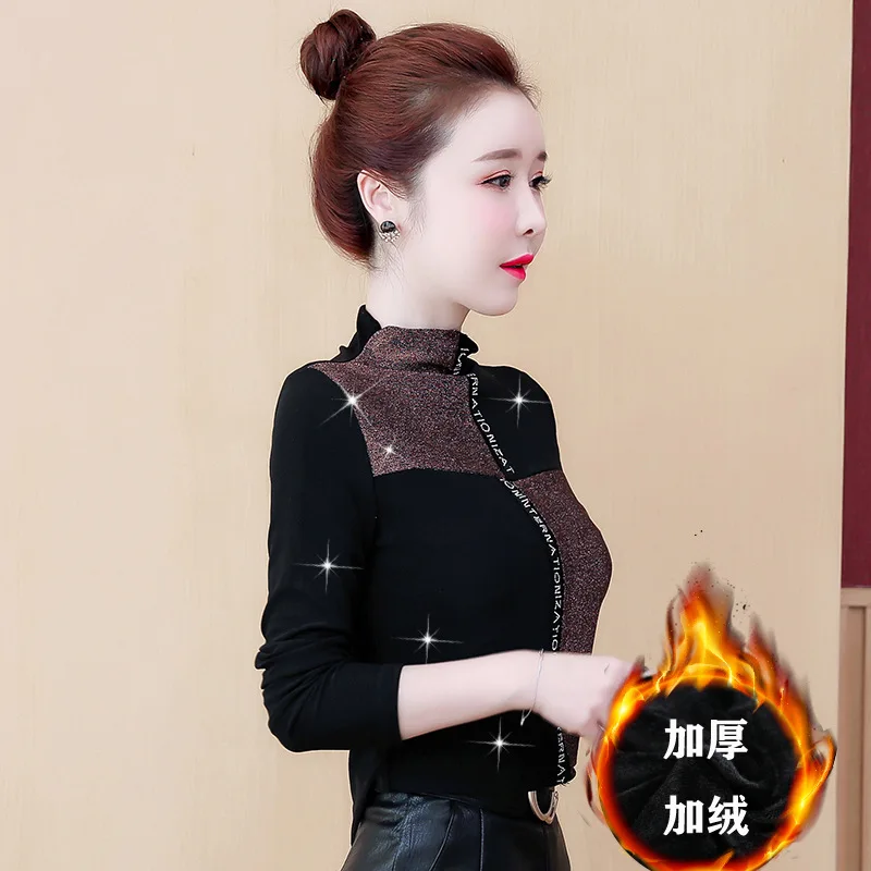 

European Goods 2019 Autumn And Winter New Style plus Velvet Base Shirt Women's Fashion Half-Turtle-Neck Liangsi Long-sleeved T-s