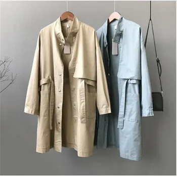 

Winter Woman Jacket Single Breasted Cotton Stand Collar Long Windbreaker Korean Harajuku Female Blue Overcoat Trenchcoat