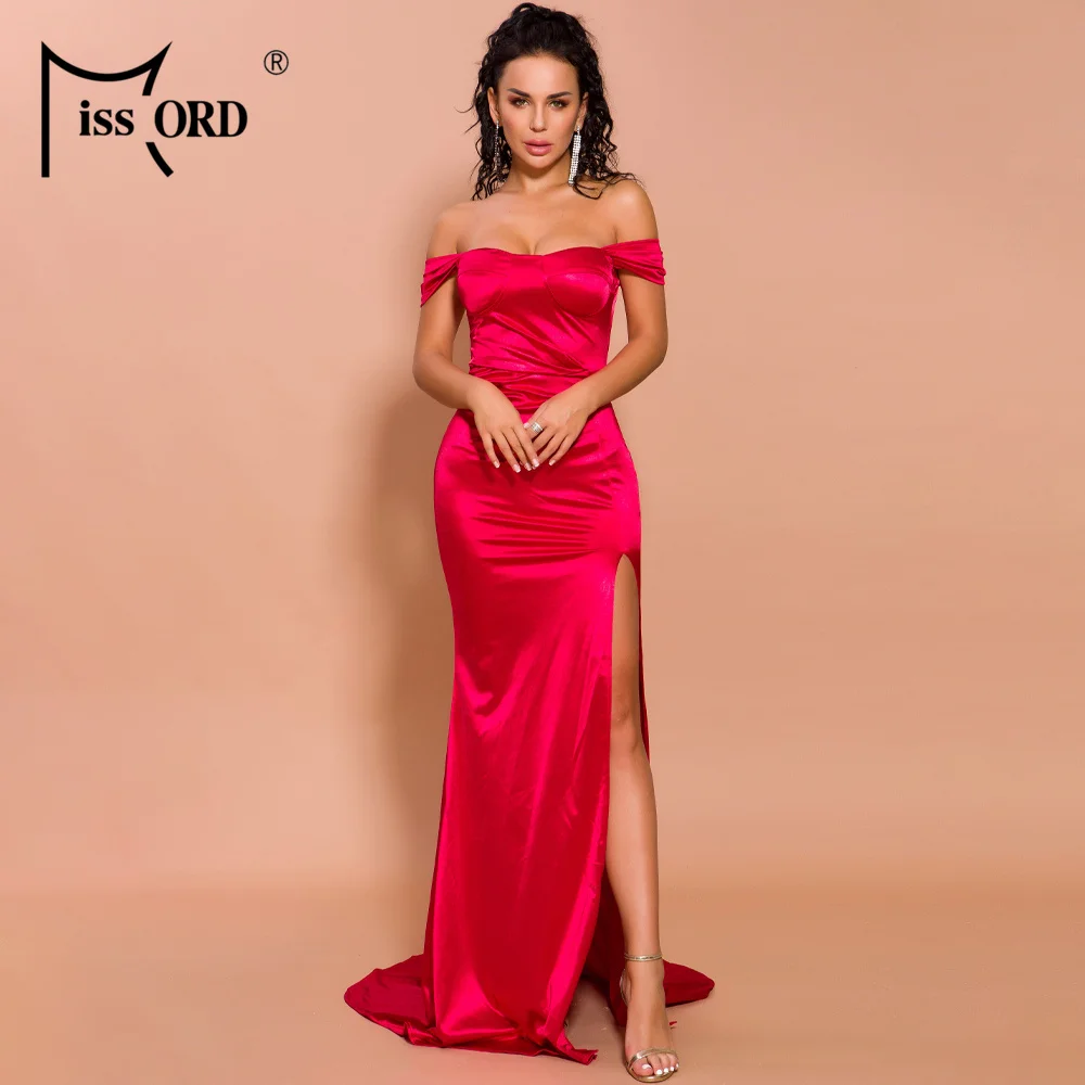 Najtaniej Missord 2019 kobiety Sexy biustonosz Off Shoulder eleganckie wysokie sukienki z rozcięciem kobiet Backless Solid Color Maxi Dress FT19566