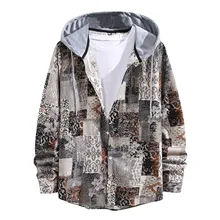 

Men's Popular Single Breasted Hooded Vintage Floral Printing Drawstring Long Sleeves Blouse Shirts Top Casual