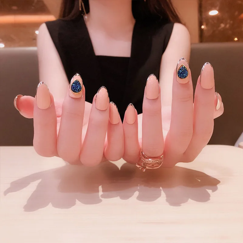 24 шт Модные женские Искусственные ногти желе розовые поддельные ногти с клеем невесты украшение на палец блестящие 3D Синие стразы накладные ногти для девочек