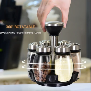 

6pcs Rotary Glass Kitchen Spice Rack Bottles Seasoning Salt Pepper Storage Shelf Kitchen Jars for Spices Rotate Glass Cruet