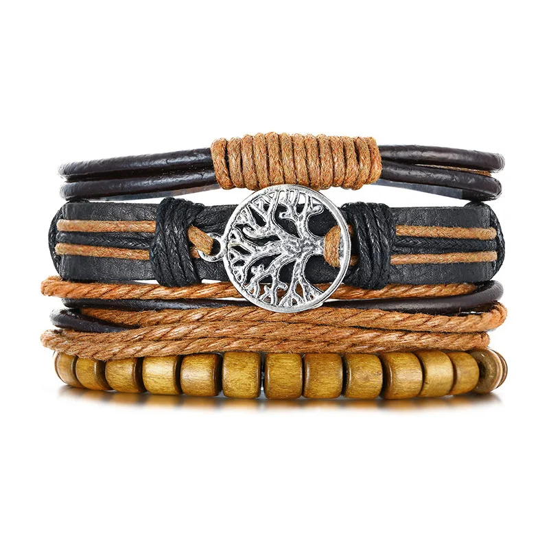 Vnox 4Pcs/ Set Braided Wrap Leather Bracelets for Men Vintage Life Tree Rudder Charm Wood Beads Ethnic Tribal Wristbands 7