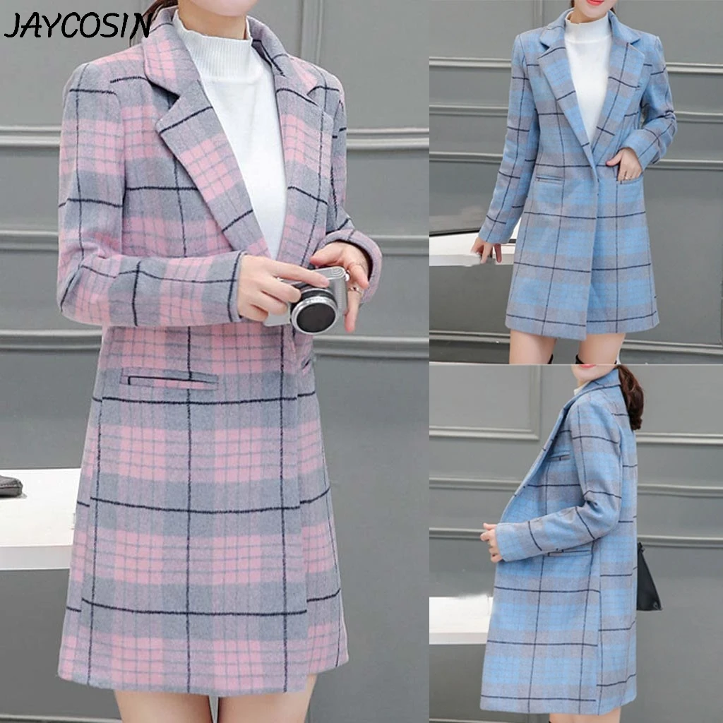 JAYCOSIN Women Woolen Coat Vintage Plaid Coat Elegant Long Sleeve Button Winter Work Office Fashion Korean Jacket Outwear casaco