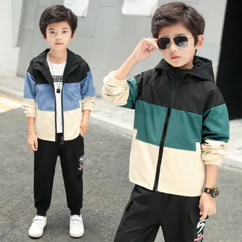 

Boys clothes new children's suit long-sleeved color matching hooded zipper clothes + pants 3-14 children's clothing