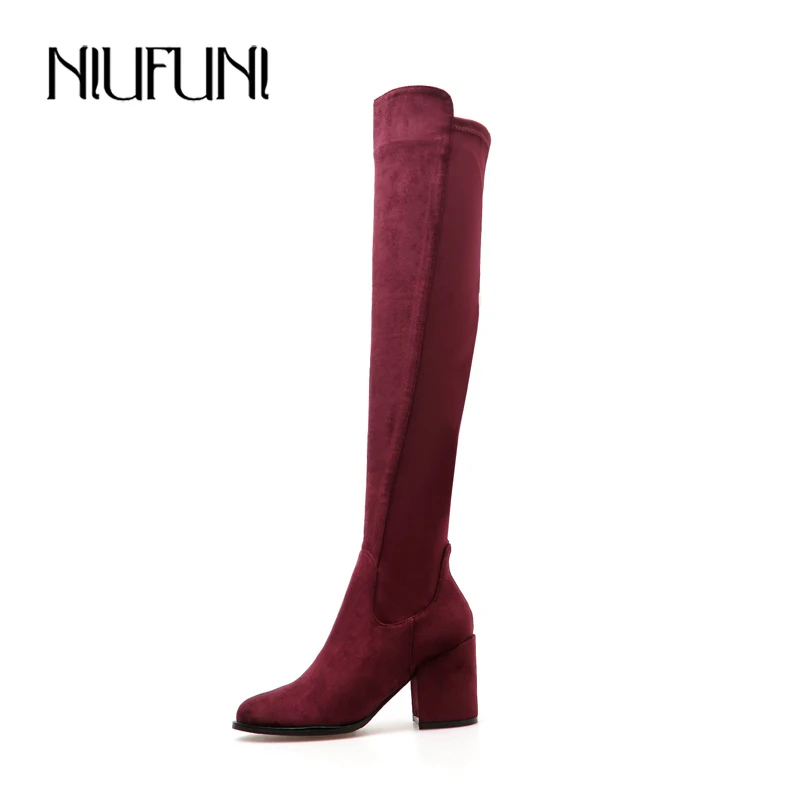 

NIUFUNI 2019 Winter Boots Women Flock Over The Knee Boots Round Toe Square Heel Shoes Woman Red/Black Thigh High Boots