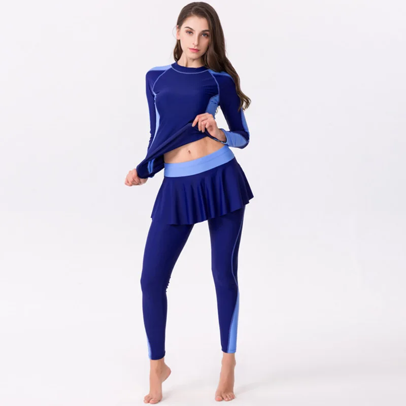 Плюс размер Rashguards из двух частей купальник футболка с юбкой брюки купальные костюмы для серфинга женский солнцезащитный купальник с длинными рукавами