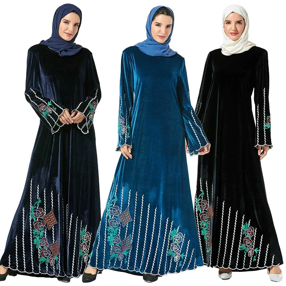 Dubai Women Long Sleeve Maxi Dress Muslim Abaya Velvet Embroidery Robe Kaftan Islamic Party Gown Arab Turkish Middle East Cloth |