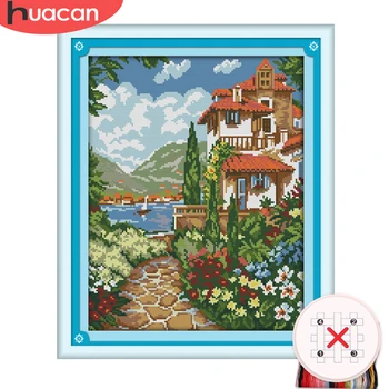 

HUACAN Cross Stitch House Scenery Kit Needlework Embroidery Lake Landscape Sets White Canvas DIY Gift Home Decor 11CT 14CT