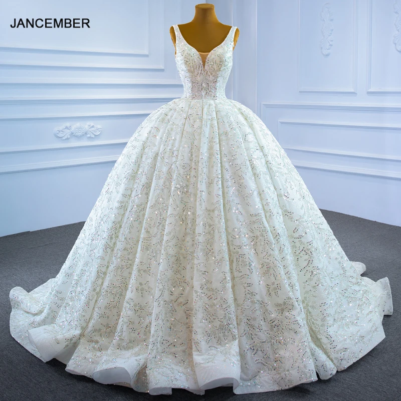 J67254 JANCEMBER White Shiny Bridal Wedding Dress Metal Sequins Pattern Vest V-neck Frill Backless Church Trailing Dress 1