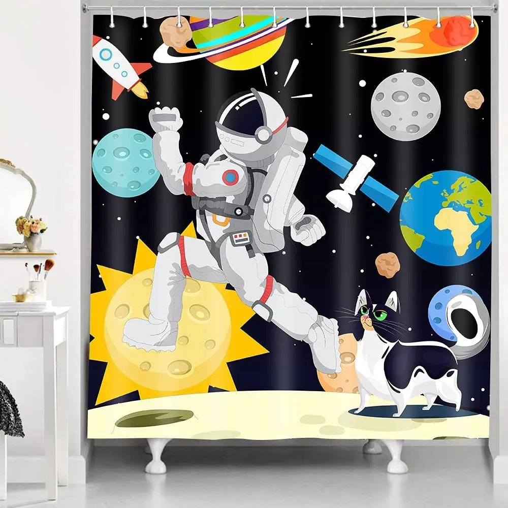 Outer Space Shower Curtain Cartoon Galaxy Astronaut and Cute Cat Animal Pattern Bathtub Screen Waterproof Bathroom Home Decor