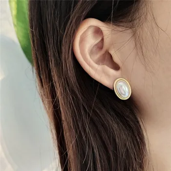 

RUIYI Real 925 Sterling Silver Korean Style Girls Cute Oval Shell Pearl Chic Earrings Women Simple Jewelry 18K Gold Sutd Earring