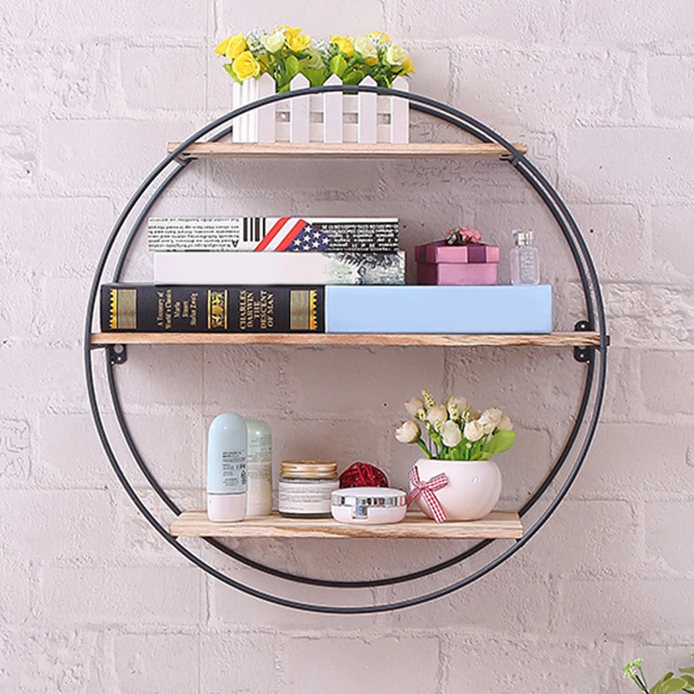 

Wall Mounted Iron Shelf Round Floating Storage Racks Hanging Decor Wall Storage Holder Flower Pot House for Pantry Living Room