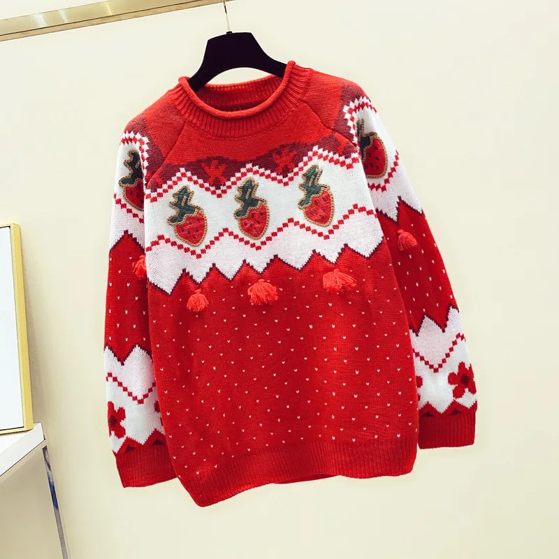Рождественский свитер для девочек и девушек; коллекция года; сезон осень-зима; свободный свитер с вышитой вручную клубничкой и кисточками; Джерси; Mujer; водолазка