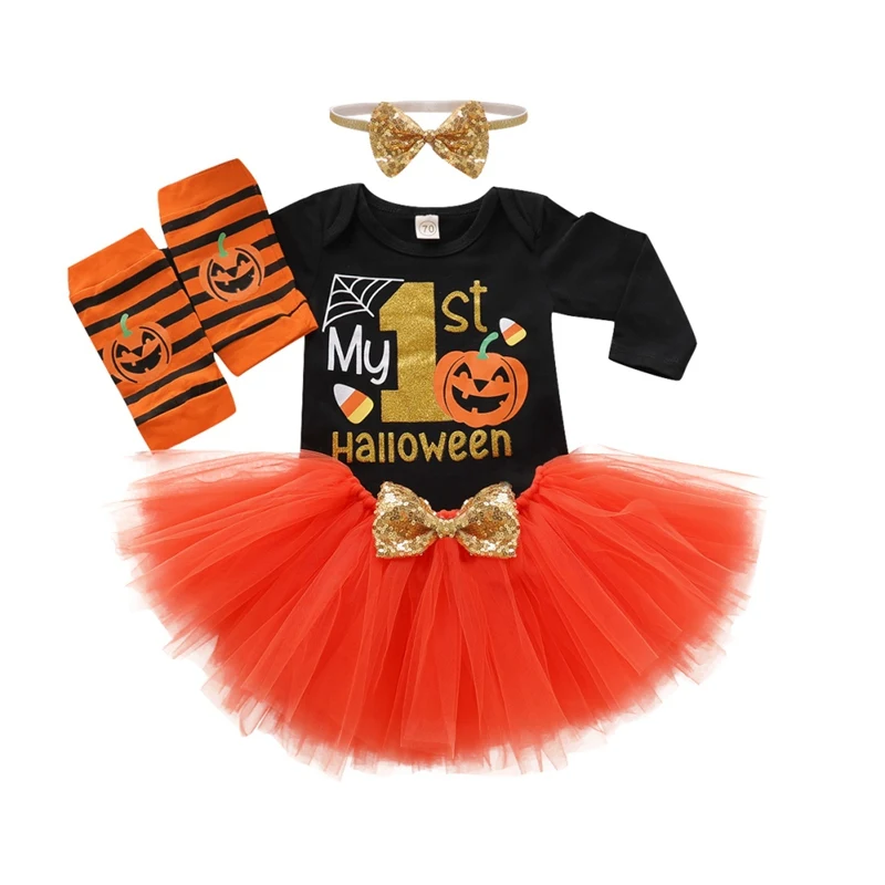 

Baby Girls Clothes Set Halloween Clothes Baby Long Sleeve Letters Romper+Mesh Skirt+Leg Warmer+Headband Sets Suit #25