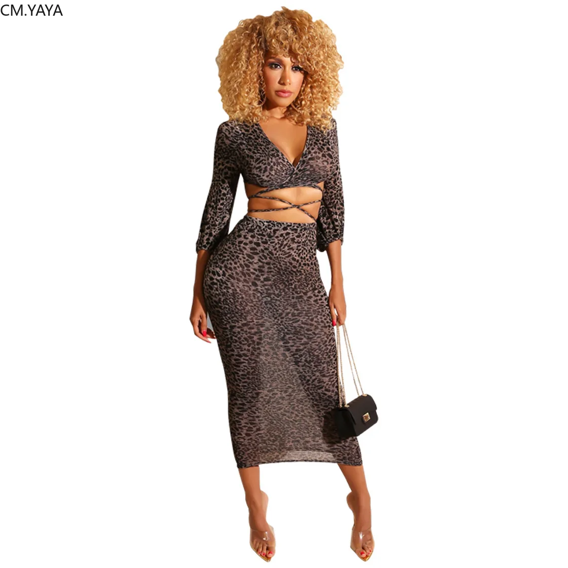 

Autumn Women leopard print lace up crop top midi maxi skirt suit two piece set sexy night party tracksuit outfit outfit GL1115