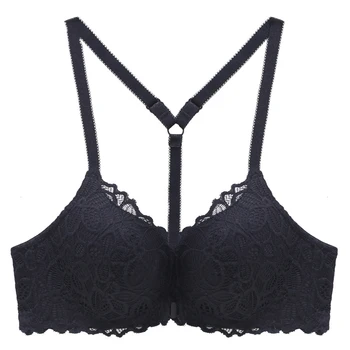 

E lovegirl Black Y-type Bra Women Sexy Lace No Steel Ring Front Buckle Bra And Gather 3/4 Cup Underwear Line A, B, C, Cup