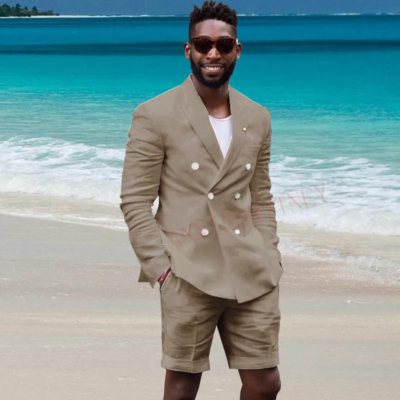 Double Breasted Gold Linen Men Suit 