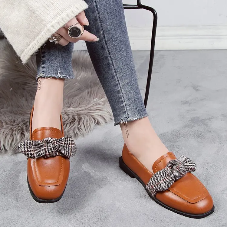 elegant cute houndstooth bow-knot shallow leather shoes British style student casual slip-on moccasins retro brief flats loafers