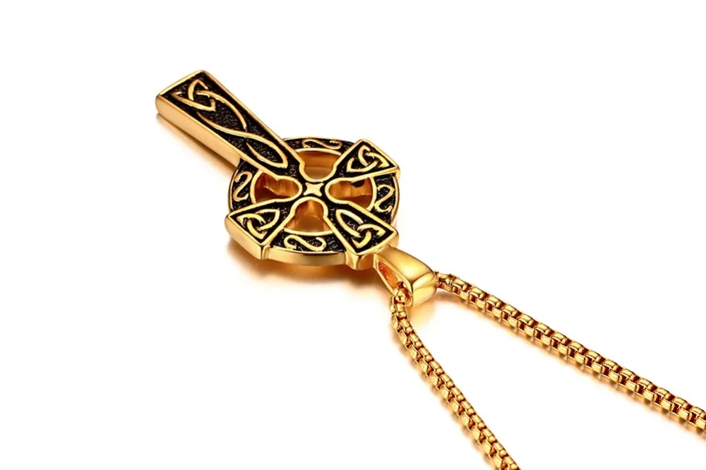 Mens Vintage Large CELTIC CROSS Irish Knot Pendant Necklace Stainless Steel Cros Cheilteach Jewelry Gold Silver Men Accessories collares collier colar choker 16