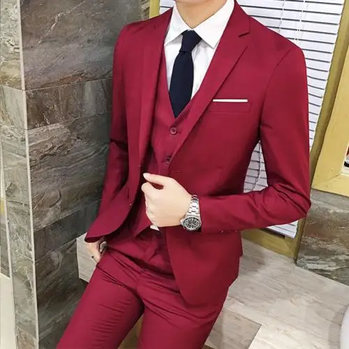 Wine Red Три части мужской деловой костюм профессиональный Западный украшения тела шаферы, Женихи свадебное платье костюм жилет Блейзер брюки набор - Цвет: Wine Red