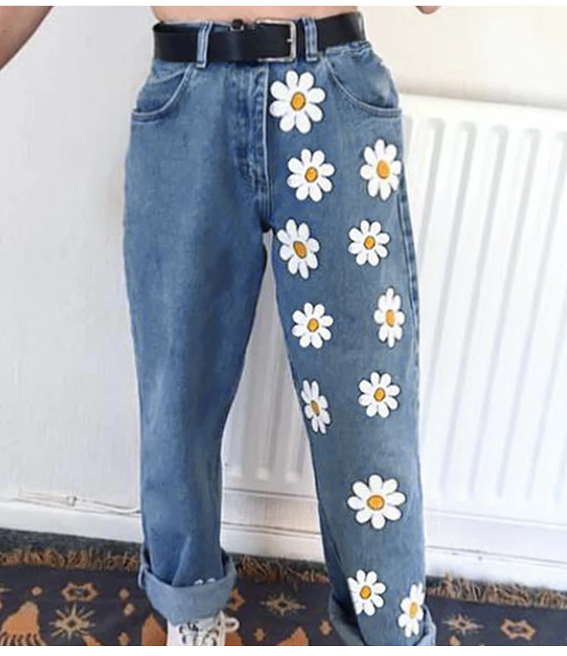 Woman High Waisted Vintage Daisies Printed Denim Pants JKP4292
