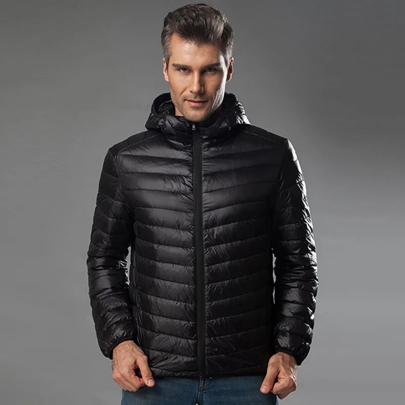 Men's Hooded Jackets Light Thin Warm Duck Down Filler Autumn Winter Male Loose Coats Plus Size 4XL 5XL 6XL for Weight:50-145kg - Цвет: Черный