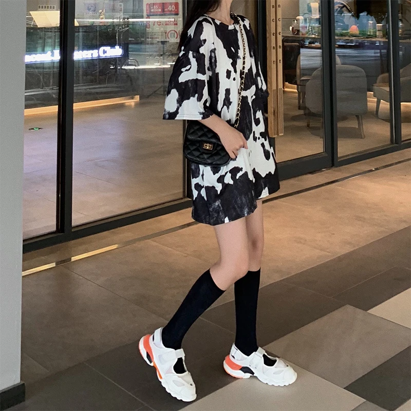 Новая летняя roupas корейская модная женская одежда хипстер Харадзюку стиль Топы женские с круглым вырезом и принтом панелями Свободные повседневные футболки
