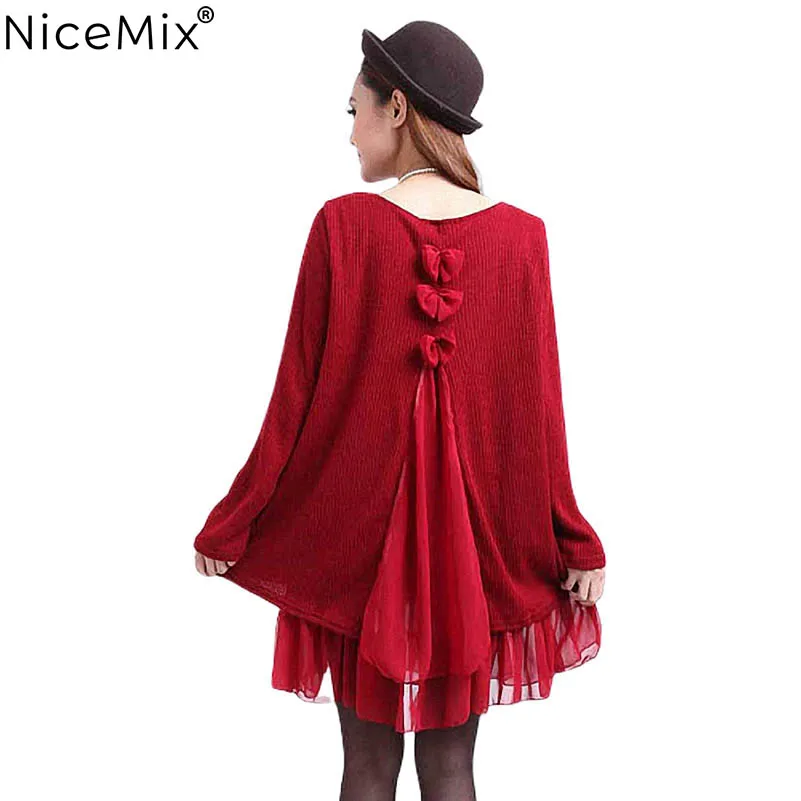 

NiceMix 2020 Plus Size Long Sweater Women Gauze Bow Patch Sexy Back Hollow Out Pullover Sweaters Loose Oversize Ladies Tops