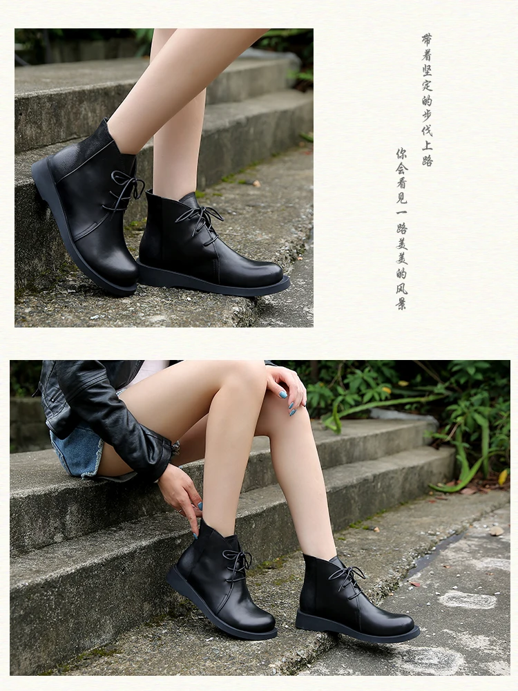 Autumn Women's Martin Boots Ankle Genuine Leather Lacing Women's Boots Flat Bottomed Shoes Color Matching