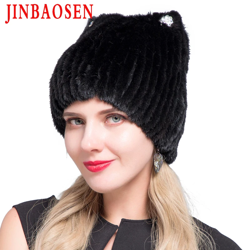 JINBAOSEN, зимняя женская шапка из меха норки, вязаный свитер, шапка, новая модная шапка с кошачьими ушками, европейский и американский стиль, Лыжные шапки