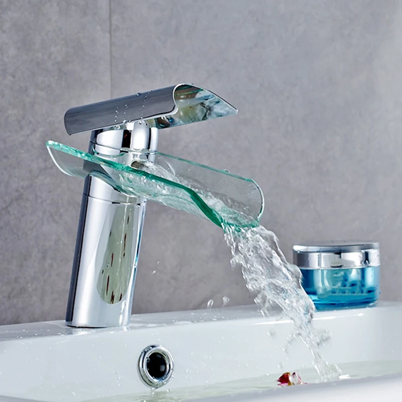 Bathroom Basin Faucet Waterfall Spout Glass Nickel Brushed Cold and Hot Mixer Water Sink Tap