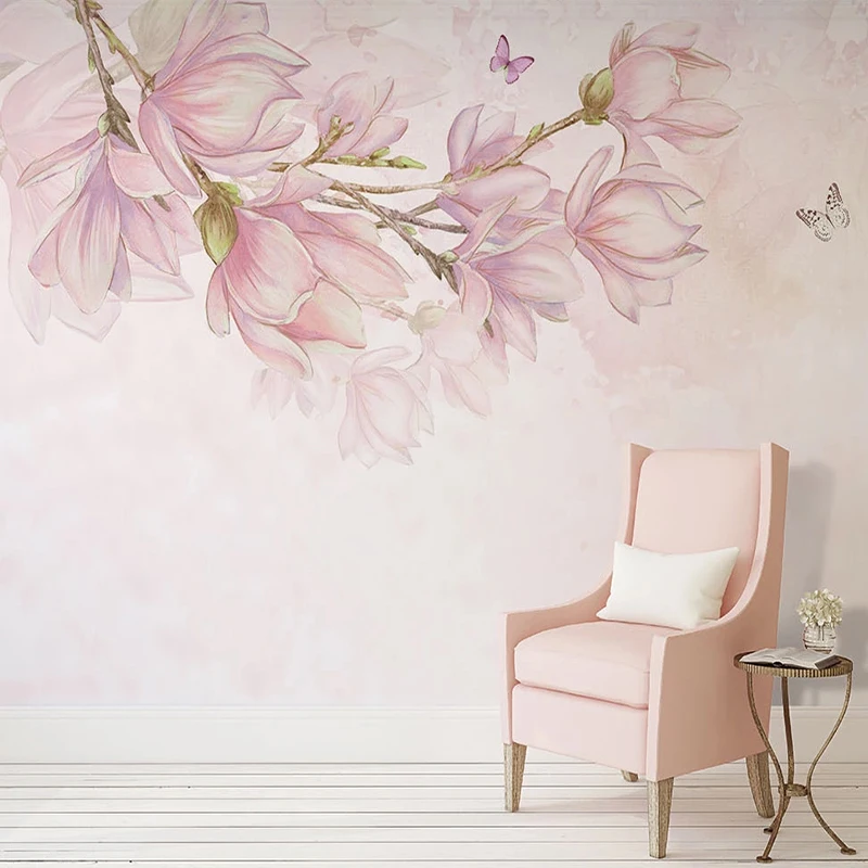 

Photo Wallpaper Nordic Style Hand-painted Pink Magnolia Flowers Murals Living Room TV Sofa Bedroom Home Decor Papel De Parede 3D