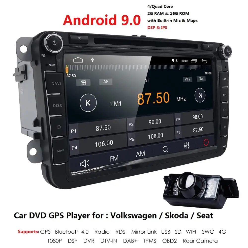 Discount 2G RAM  Android 9.0 Car DVD for V W Volkswagen SKODA GOLF 5 Golf 6 POLO PASSAT B7 T5 CC J ETTA TIGUAN Gps stereo SWC TPMS Camera 1