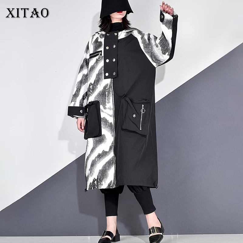 XITAO Patchwork Print Trench Women Zippers Tide