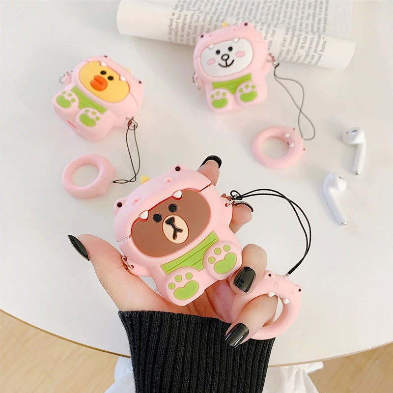 Милый 3D чехол для наушников с коричневым медведем для Apple Airpods 2, беспроводной Bluetooth чехол для наушников s для AirPods, чехол, мультяшный силиконовый чехол