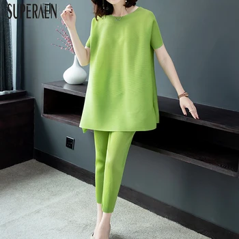 

SuperAen Europe Fashion Women's Sets 2020 Spring New Pluz Size Temperament Short Sleeve Tops Casual Leisure Pants Two-pieces