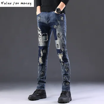 

Indian Embroidery Skull Holes Men Slim Straight Jeans Blue Stretch Cotton Denim Ripped Patch Fashion Pants