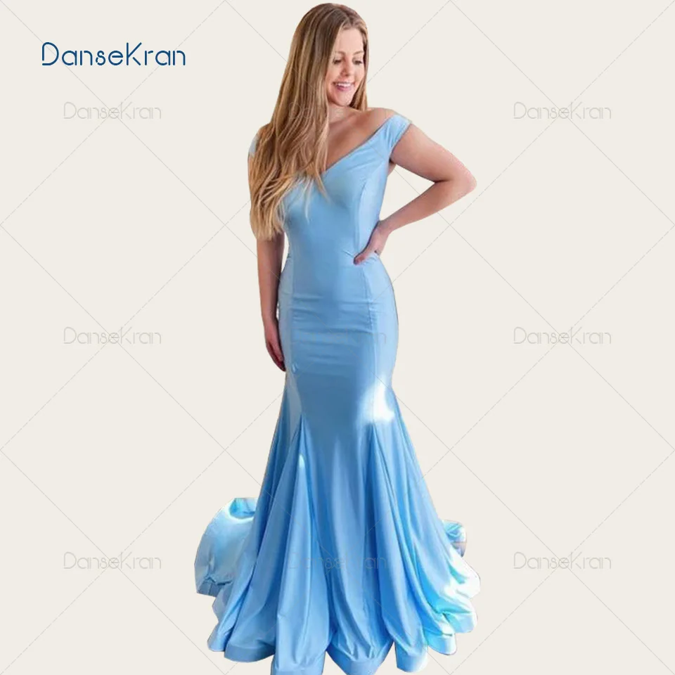 

Blue Mermaid Prom Dresses 2021 Off The Shoulder Formal Evening Dresses For Party Zipper Up Back Floor Length Satin Formal Gowns