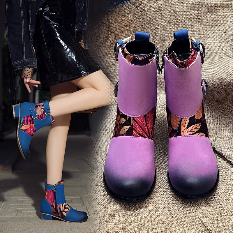 

Women Boots 2021 Vintage Bohemian Ankle Boots Women Shoes Zipper Low Heel Ladies Shoes Woman Botas Mujer big size 34-43