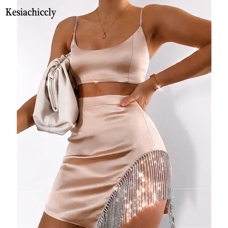 Kesiachiccly Лето бриллиантами сексуальный комплект из двух частей укороченный Топ и