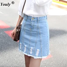 

Sexy Women Tassels Hole Denim Mini Skirt Fashion Summer High Waist Korean Skirt Blue Package Hip Jeans Harajuku Plus Size Cotton