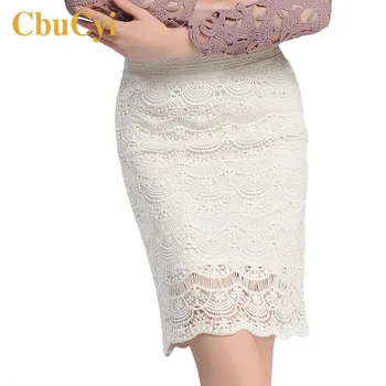 

Fashion Women High Waist Lace Skirts Large Size Solid Color Empire Pencil Skirt Office Lady Elegant Straight White Lace Skirts