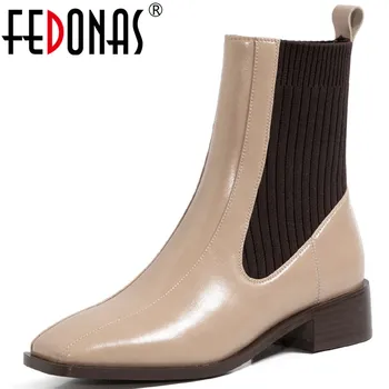 

FEDONAS Top Female Winter Chelsea Boots For Women Genuine Leather Square Toe High Heels Shoes Woman Party Ankle Boots Heels