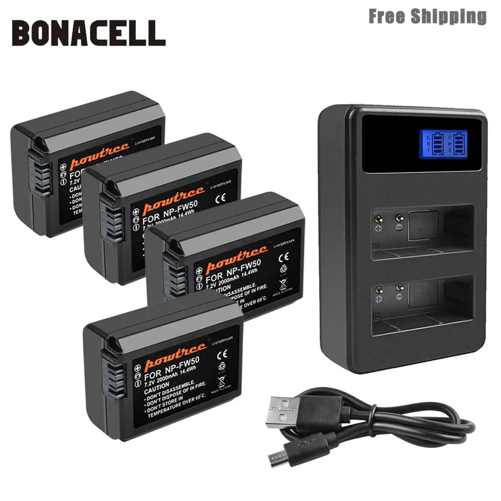 Bonacell 2000 мА/ч, NP-FW50 NP FW50 Батарея+ ЖК-дисплей двойной Зарядное устройство AKKU для sony NEX-7 NEX-5N NEX-5R NEX-F3 NEX-3D Alpha a5000 a6000 L50 - Цвет: 4XBattery Charger