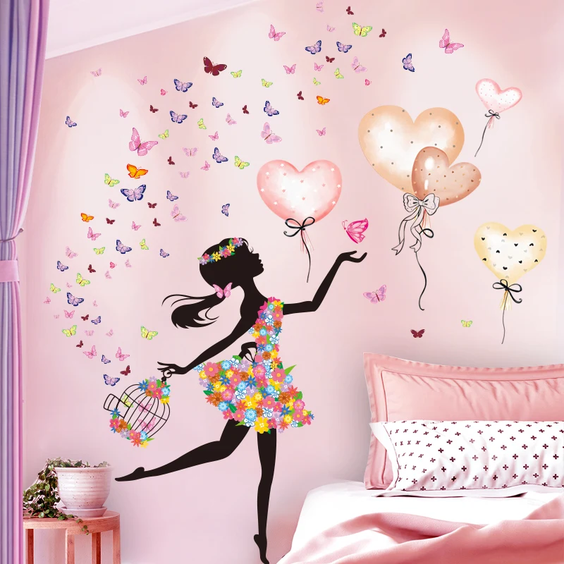 [shijuekongjian] Cartoon Fairy Girl Wall Stickers DIY Balloons Butterflies Wall Decals