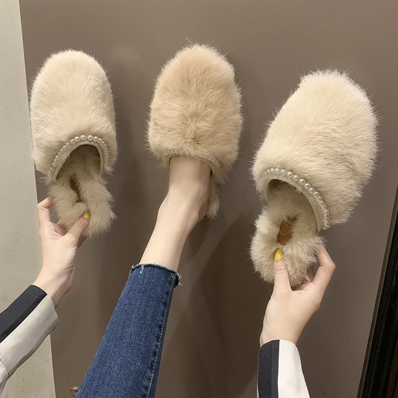 

Autumn Plush Slipper Women's Closed-toe Outer Wear 2019 New Style Winter Korean-style Versatile Flat-Style Furry Slipper