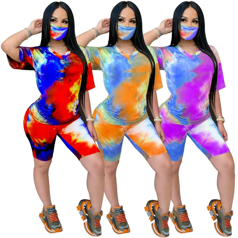 

hirigin 2020 New Women 2PCS Sets Tie Dyeing Print Clothes Sets V-neck Tops High Waist Shorts Summer Tracksuit Outfit 2 Piece Set